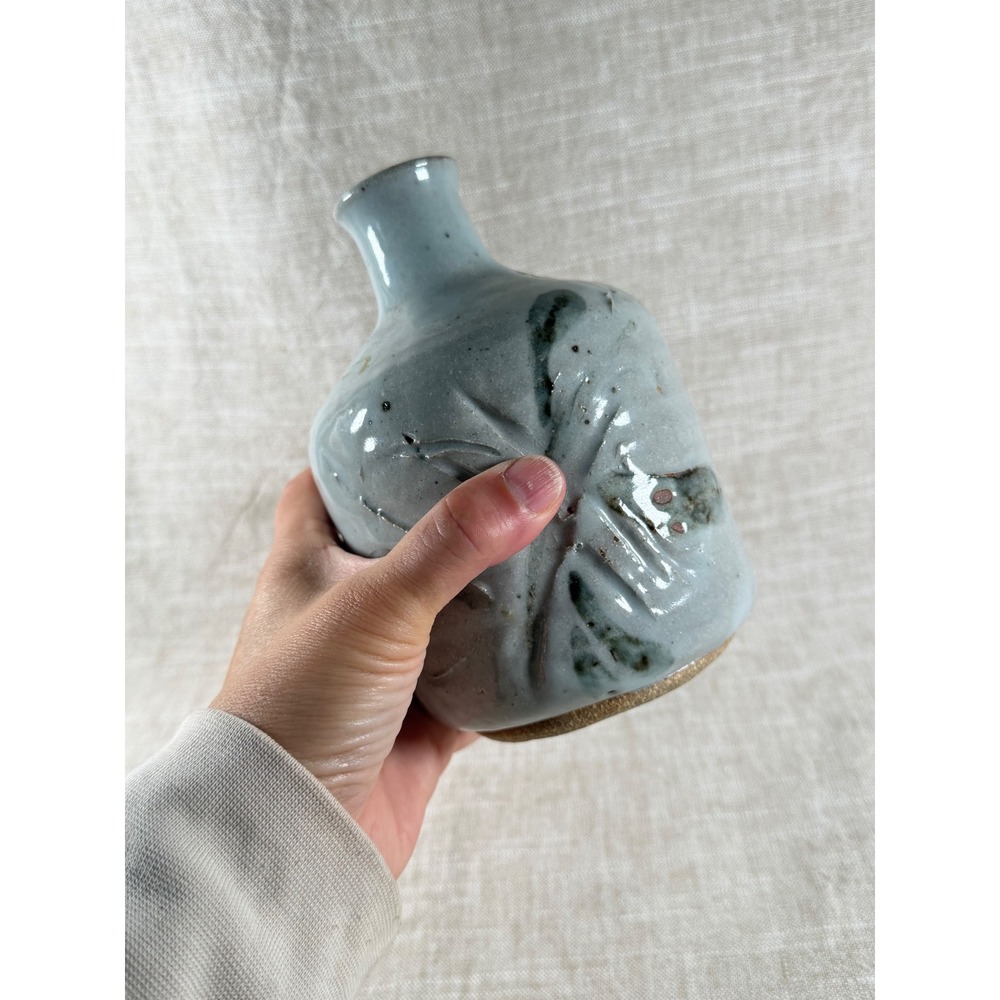 Vintage Studio Pottery Vase Hand Painted Leaf Design Blue Gray Ceramic Bud Vase - Picture 4 of 8
